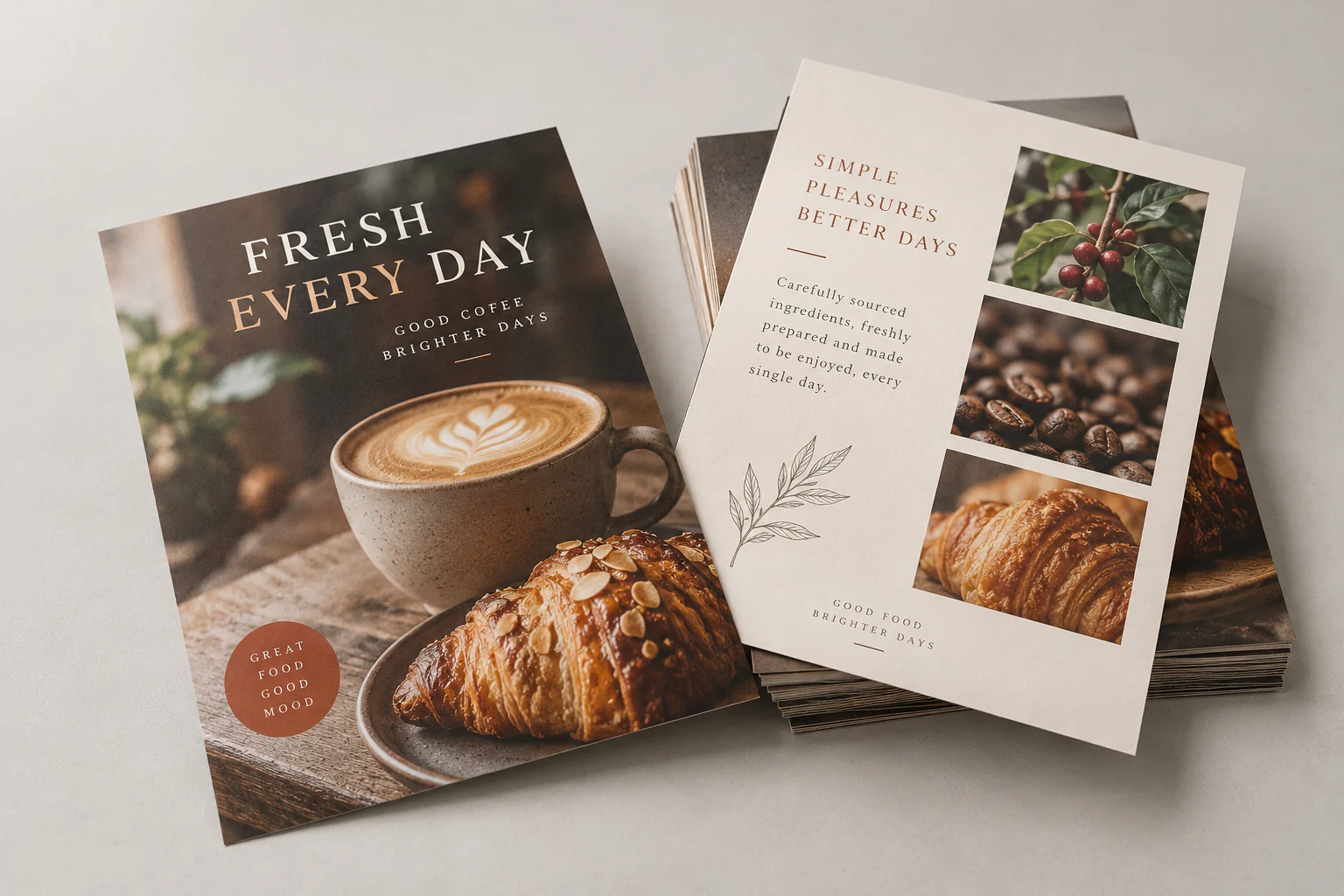 Voorbeeld van bedrukte A5 flyers met een koffieontwerp