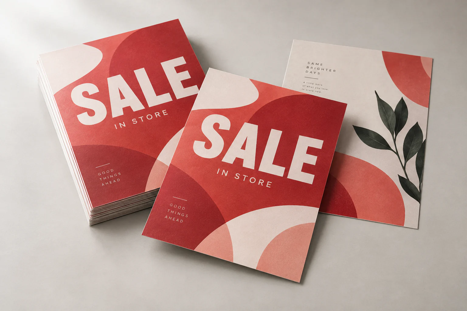 Voorbeeld van bedrukte uitverkoop flyers met een rood actieontwerp
