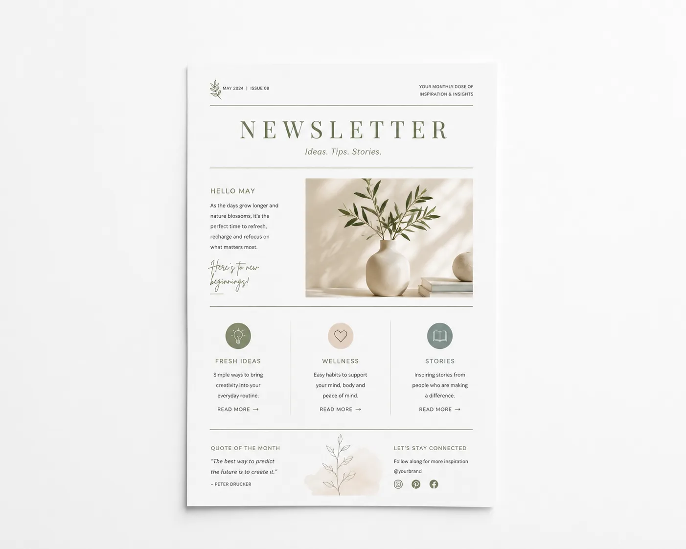 Newsletter page with a photo, text sections and green accents