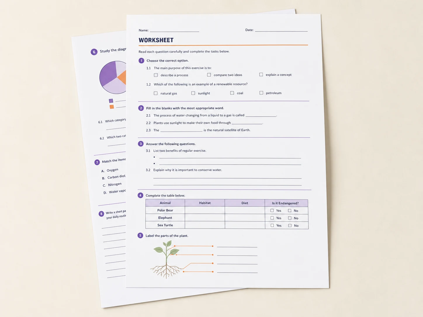 Two loose worksheets with questions, answer lines, a table and a diagram