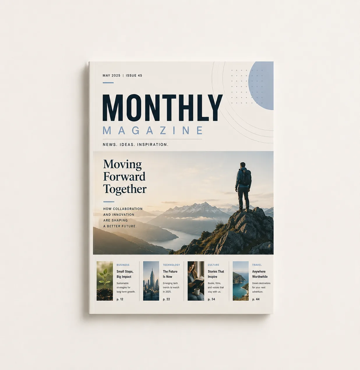 Printed monthly magazine with recurring sections, photography and a monthly issue label