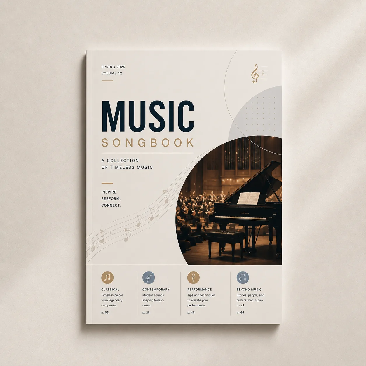 Open printed music booklet with sheet music and rehearsal notes