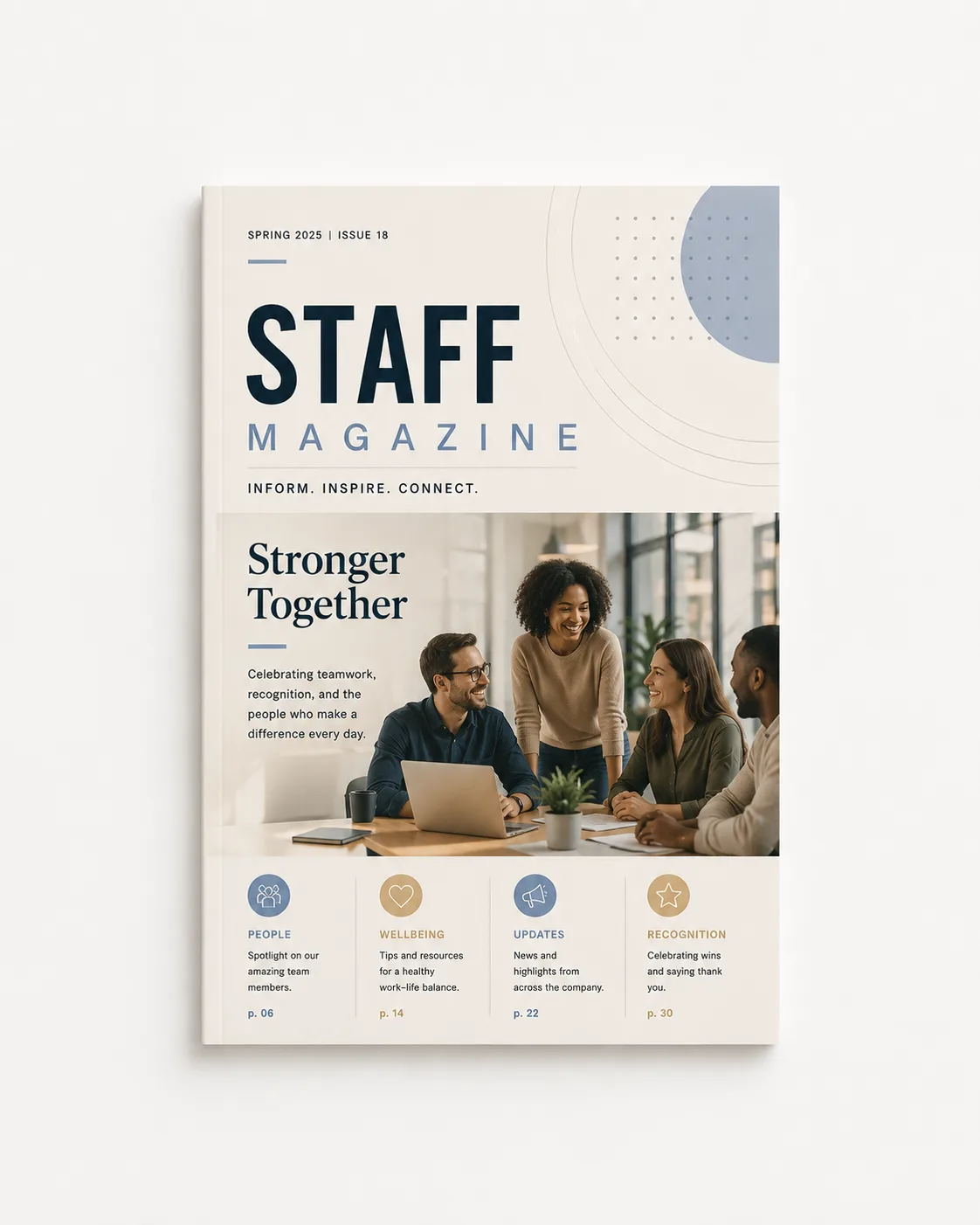 Printed staff magazine with team interviews, employee photos and internal news