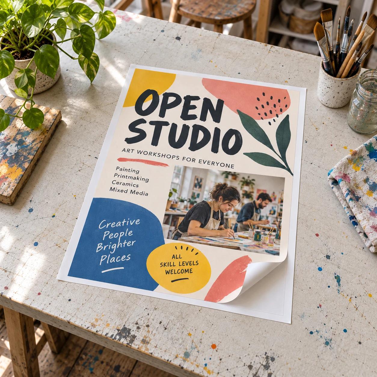 Rechthoekige OPEN STUDIO-sticker op een draagvel met een losgetrokken hoek