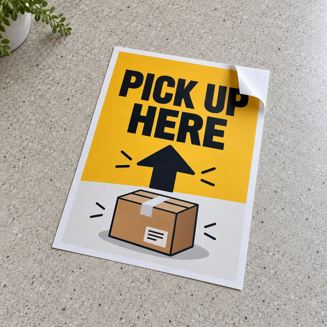 Rechthoekige PICK UP HERE-sticker op een draagvel met een losgetrokken hoek