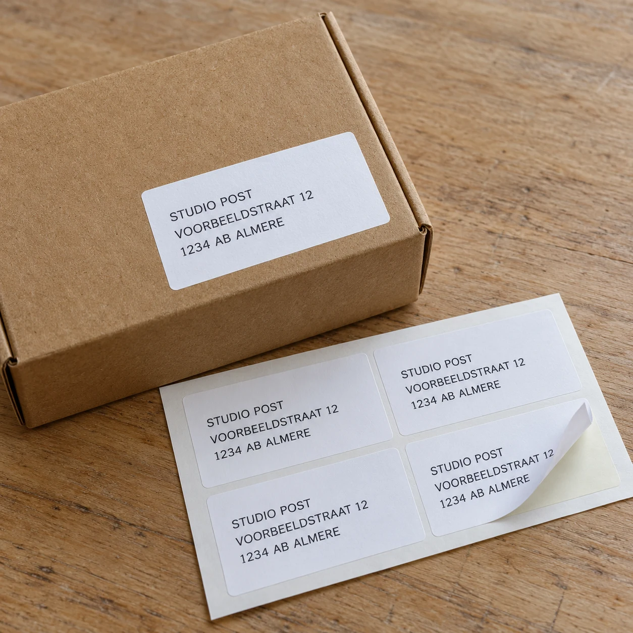Vel met bedrukte adresstickers naast een gelabelde verzenddoos