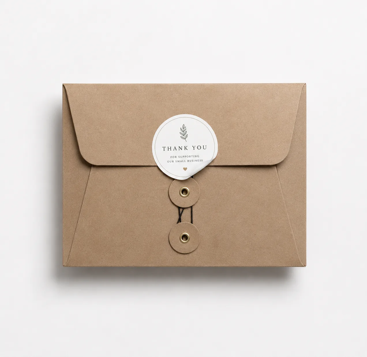 Round thank-you sticker sealing a kraft envelope