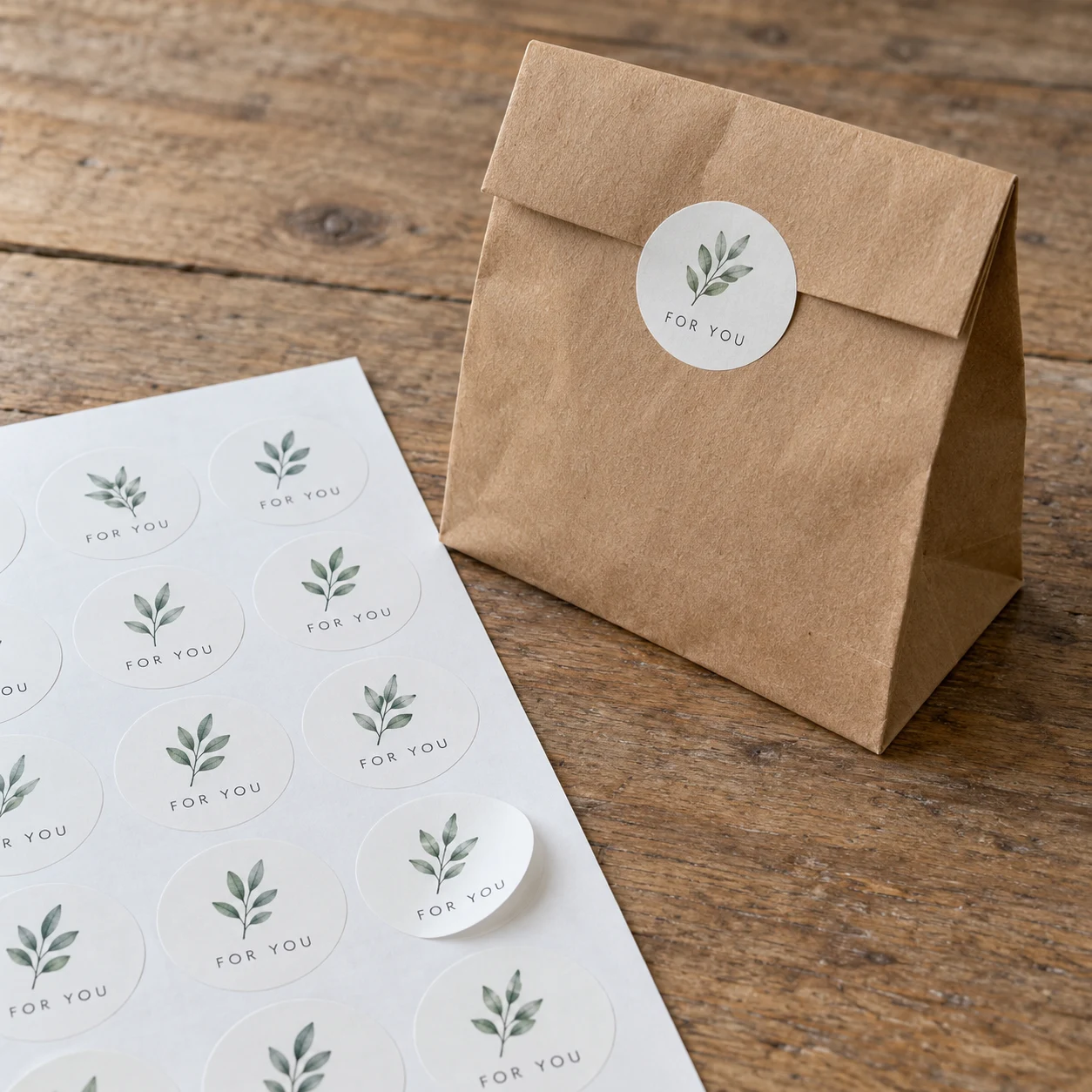 Vel met kleine ronde FOR YOU-stickers naast een cadeauzakje