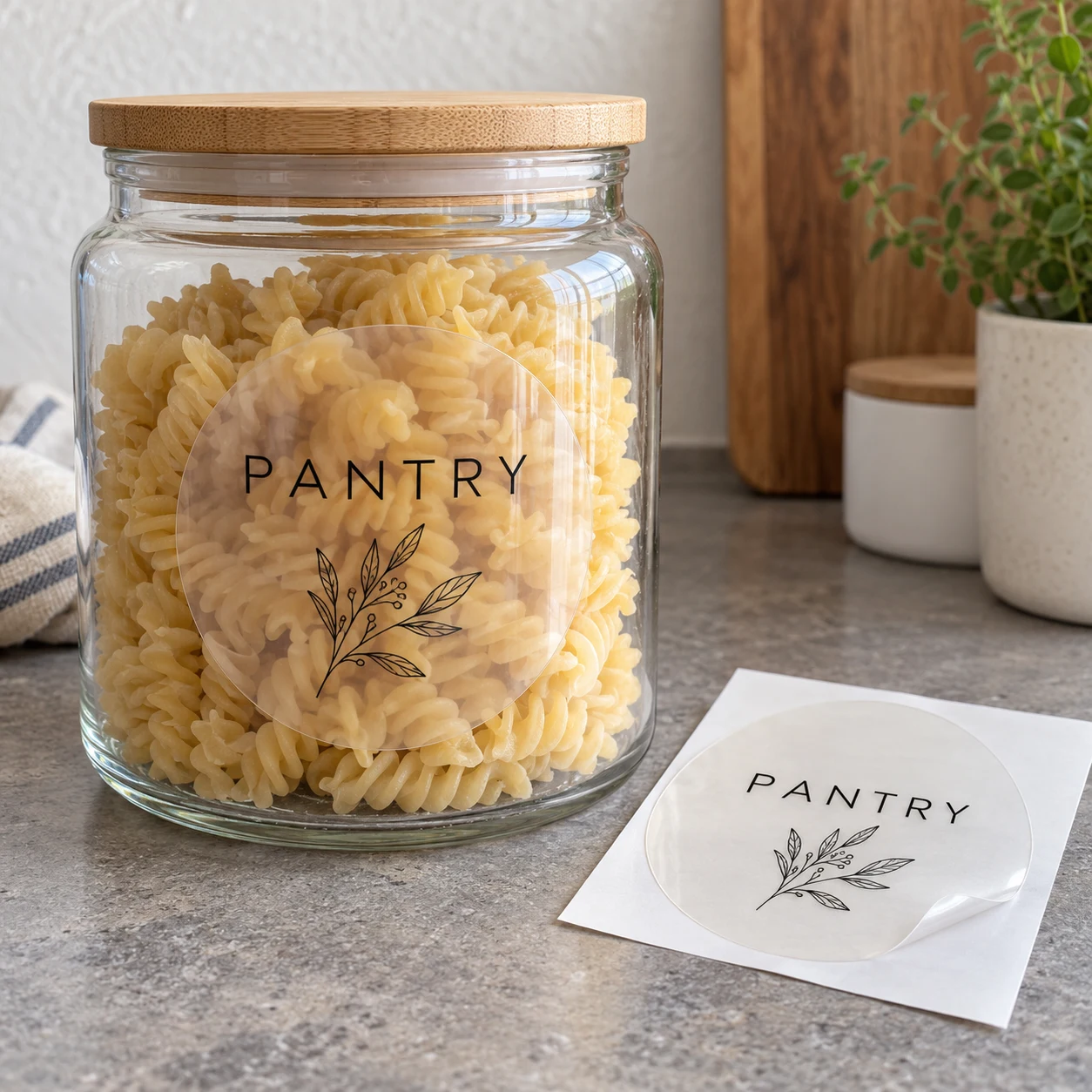 Transparante ronde voorraadsticker op een glazen pastapot, met drager ernaast