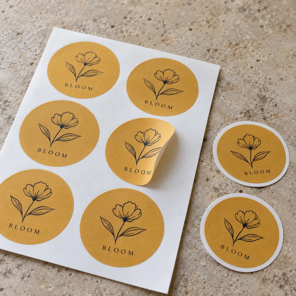 Vel met okergele ronde bloemenlabels en een gedeeltelijk losgetrokken sticker