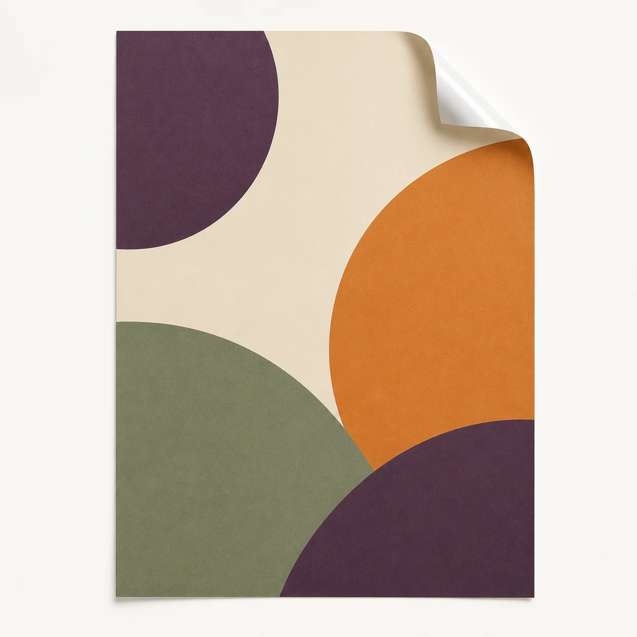 Rectangular A3 sticker with an abstract purple, green and orange design and peeled corner