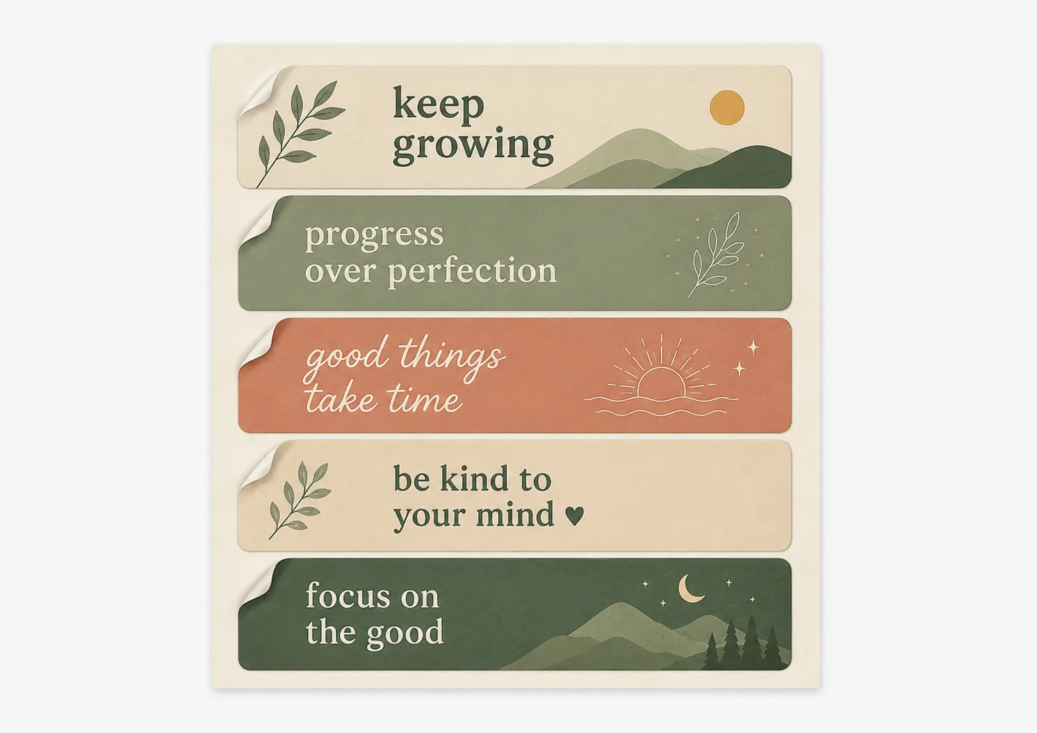 Sheet with five long rectangular printed stickers