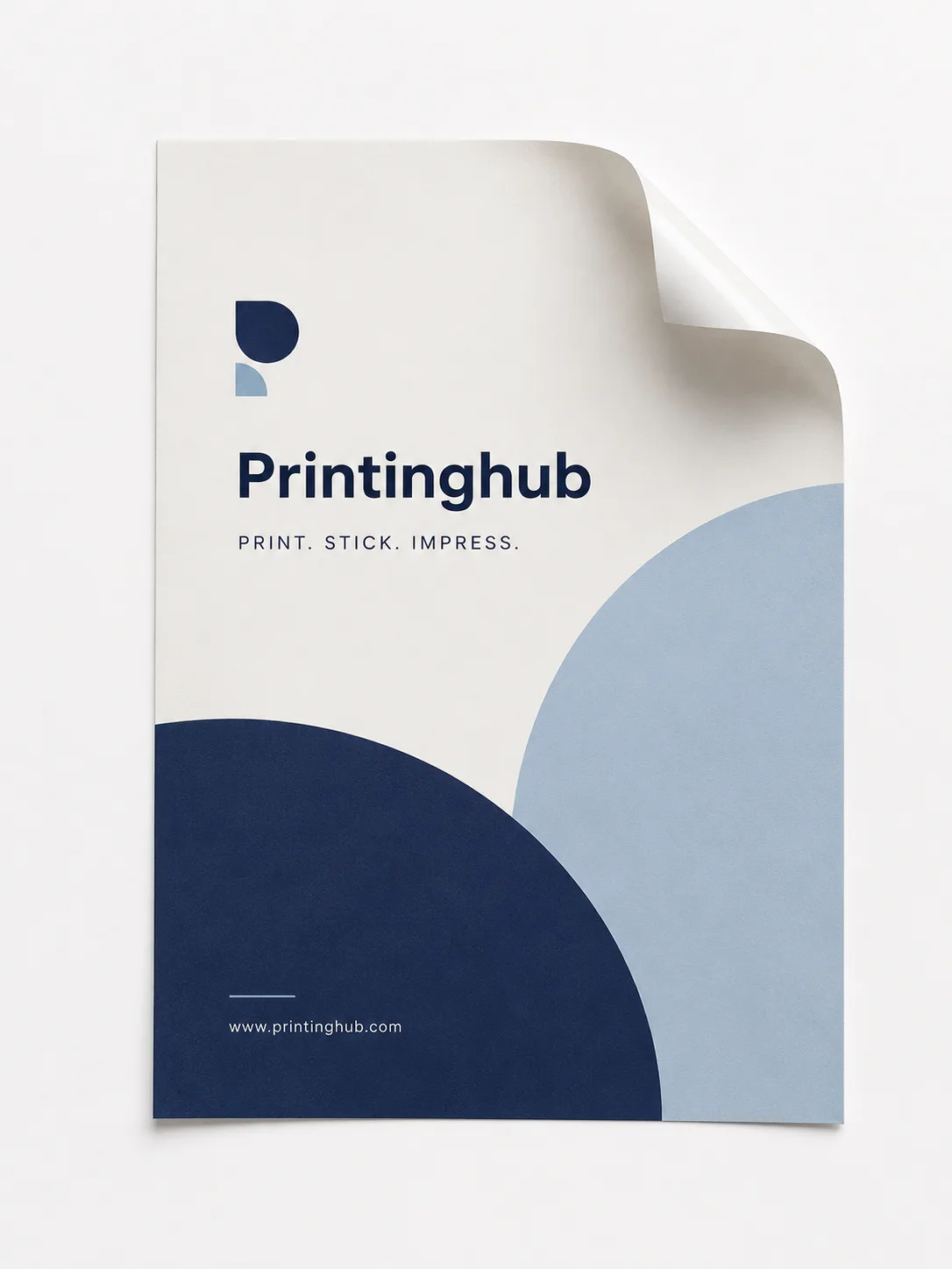 Large blue-and-white rectangular sticker with PrintingHub artwork